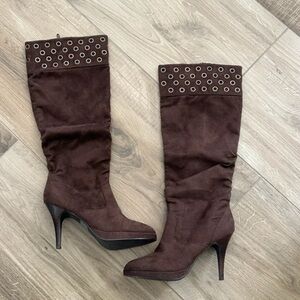 Daisy Fuentes Dark Brown Suede Knee-High Heeled Boots with Grommet Cuff